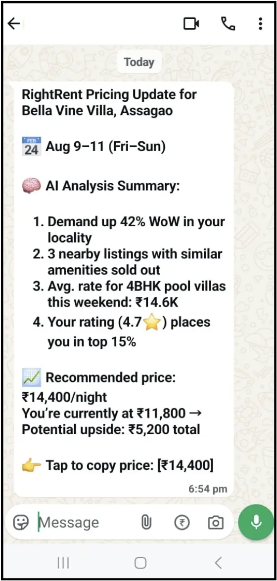 WhatsApp Price Delivery showing pricing recommendations with copy functionality